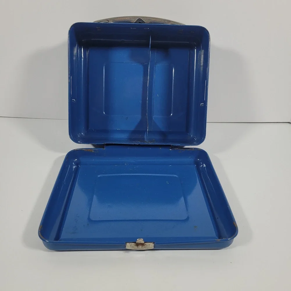 Vintage Blue Metal Lunch Box with Red Striped Thermos Cork Stopper Made in USA - Picture 11 of 15